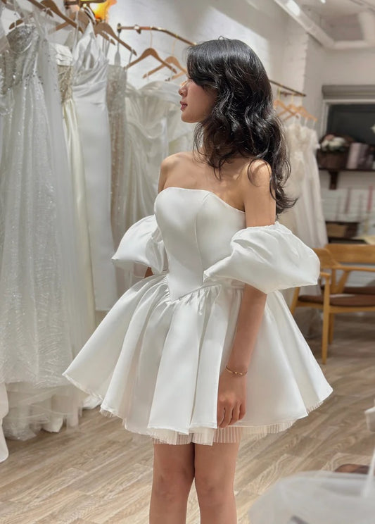 strapless puff sleeve mini length bridal dress custom made Envious Bridal & Formal Perth Australia