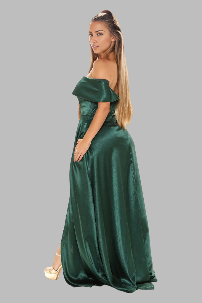 Off shoulder satin A line green formal gown Perth Australia Envious Bridal & Formal