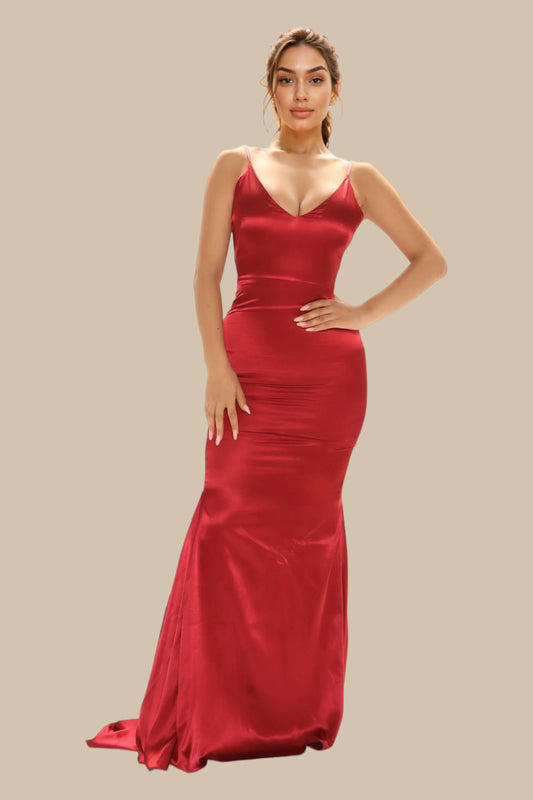 burgundy satin fitted formal dress Perth Australia Envious Bridal & Formal