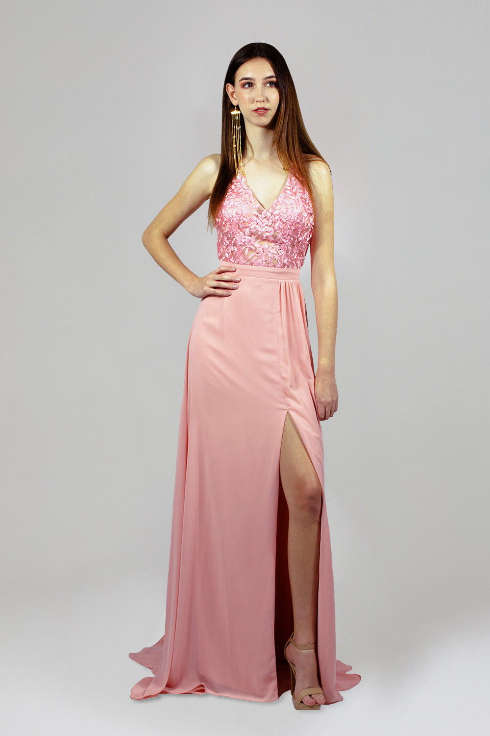 ARELLA | Lace Bodice Chiffon Pink Formal Dress Envious Bridal & Formal ARELLA | Lace Bodice Chiffon Pink Formal Dress Envious Bridal & Formal