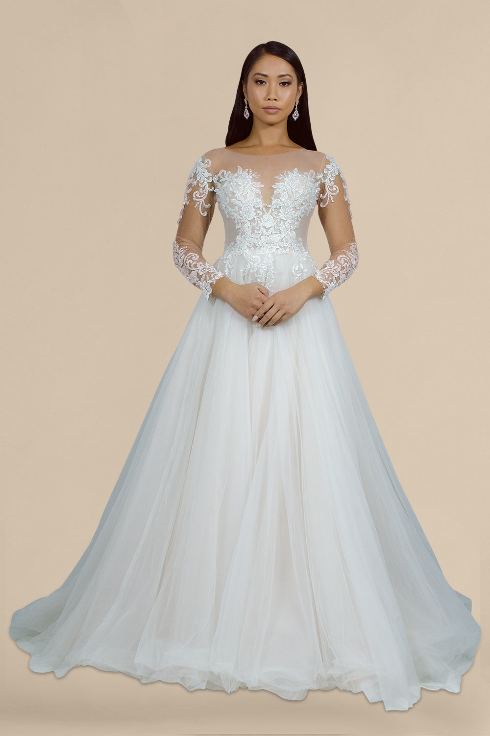 custom made long illusion sleeves lace blush pink wedding dress Envious Bridal & Formal