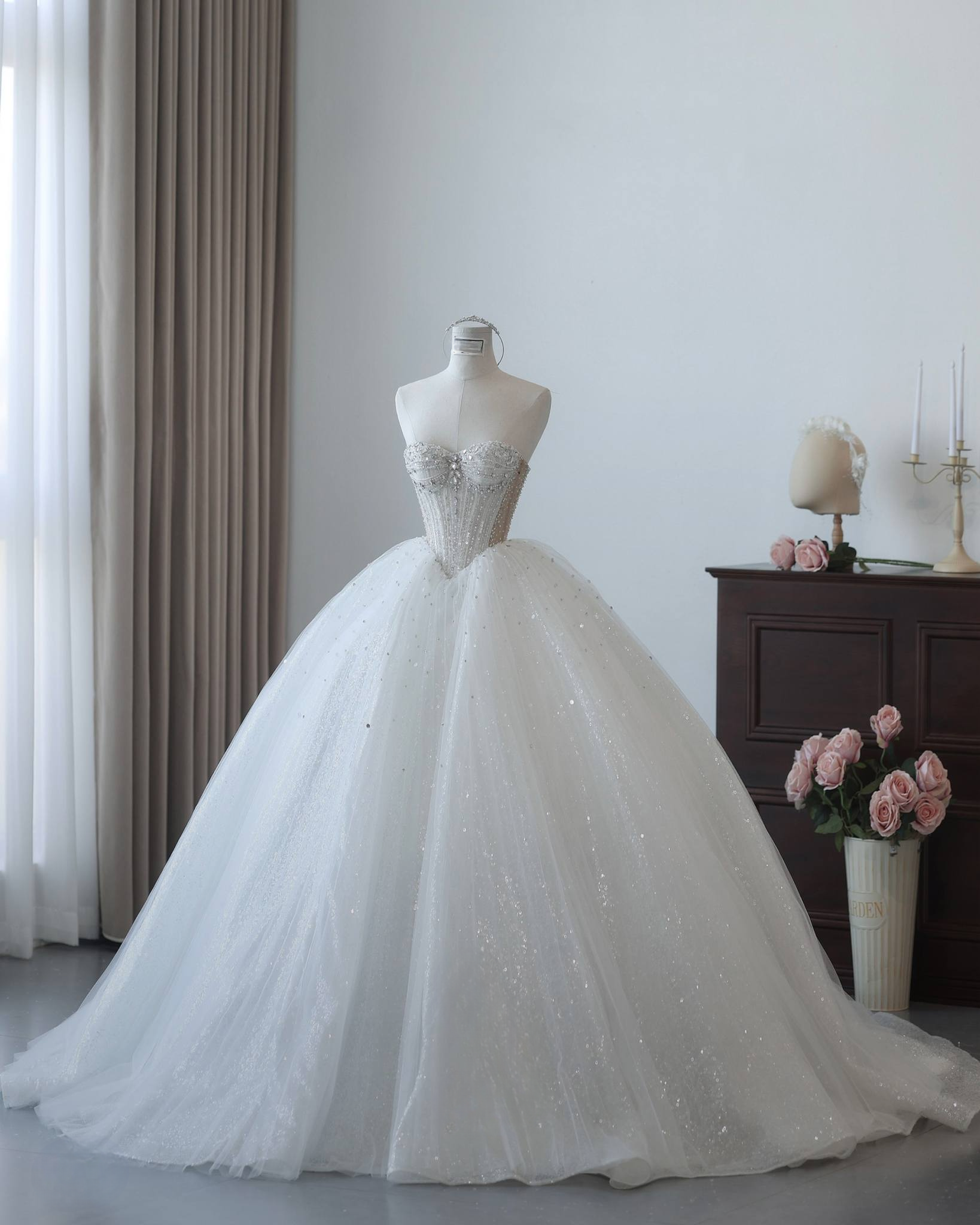 Wedding Dress Tulle Skirt Long Dresses Beaded Ball Gown Wedding