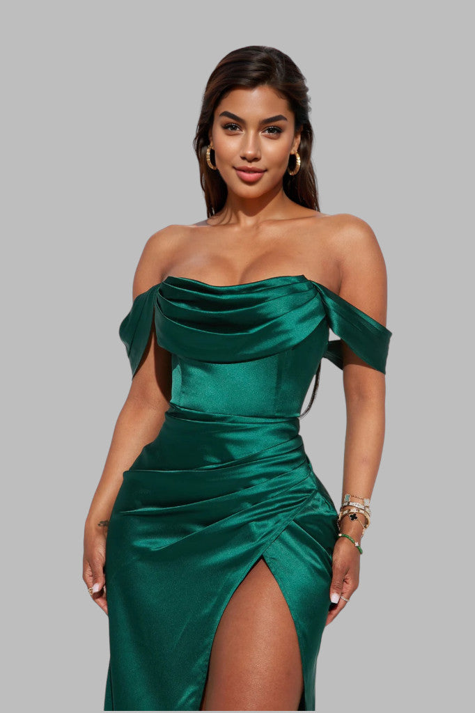 Off shoulder emerald green satin evening dresses Envious Bridal & Formal