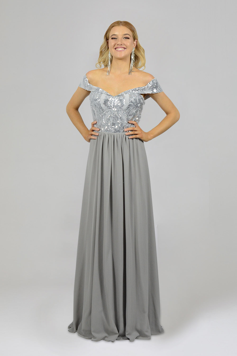 ELISE Off Shoulder Sequin Chiffon Grey Formal Dress