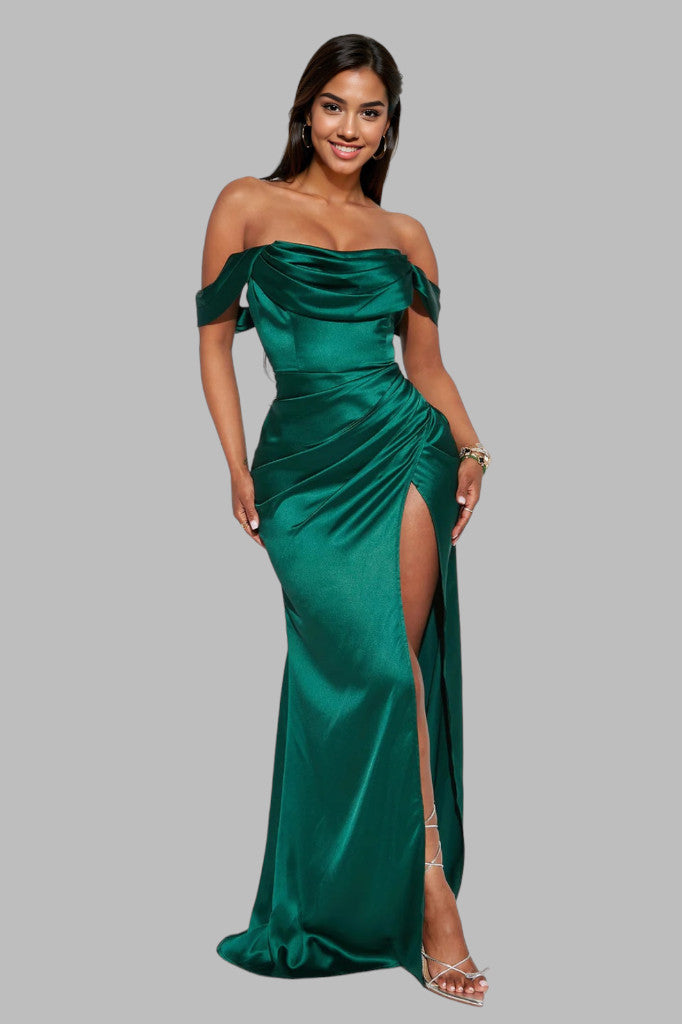 Off the shoulder emerald green satin formal dresses Perth Australia online Envious Bridal & Formal