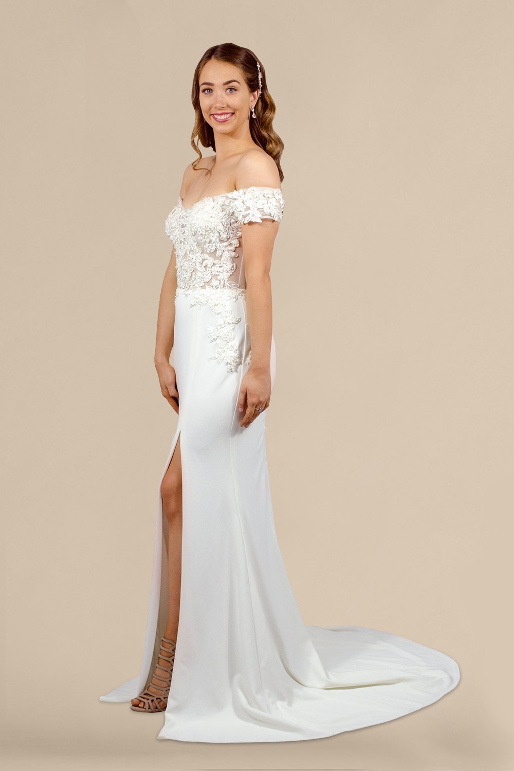 off the shoulder beaded bodice sheath wedding dress envious bridal & formal perth australia