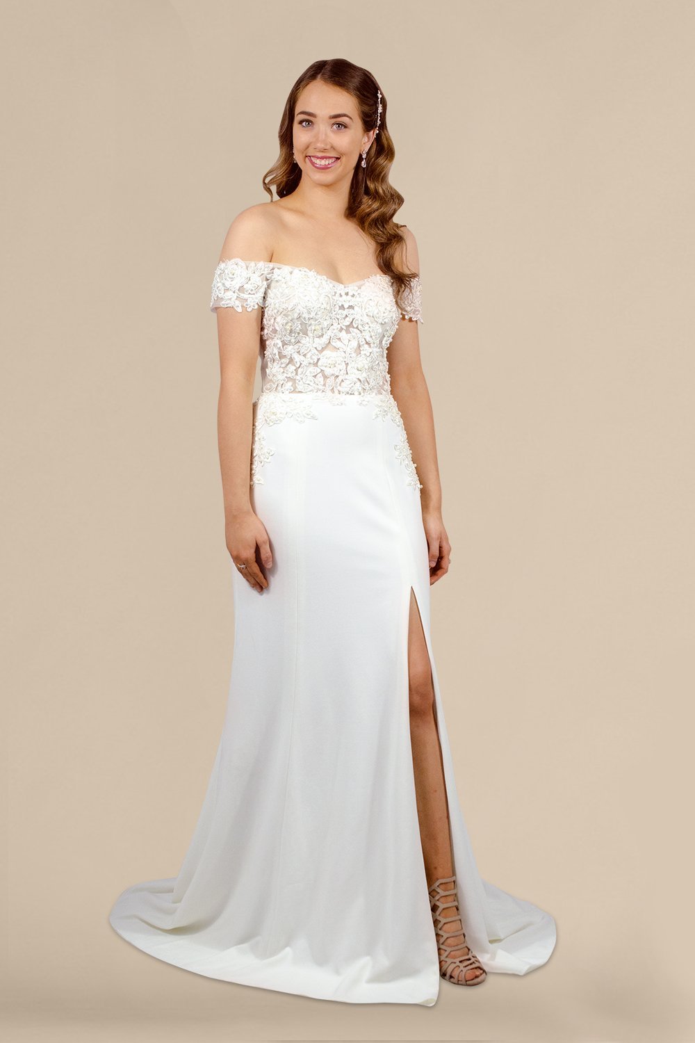 AURELINA Off Shoulder Beaded Bodice A Line Wedding Dress