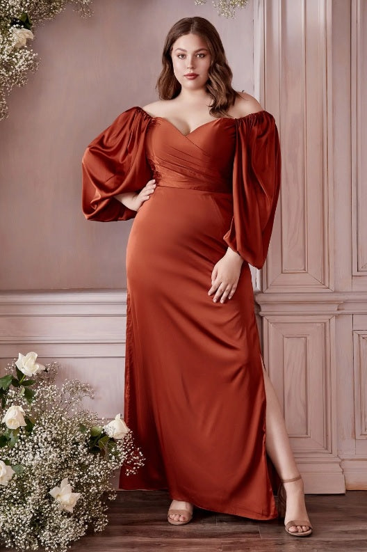 burnt orange blue sulk crepe off the shoulder plus size bridesmaid dress envious bridal & formal