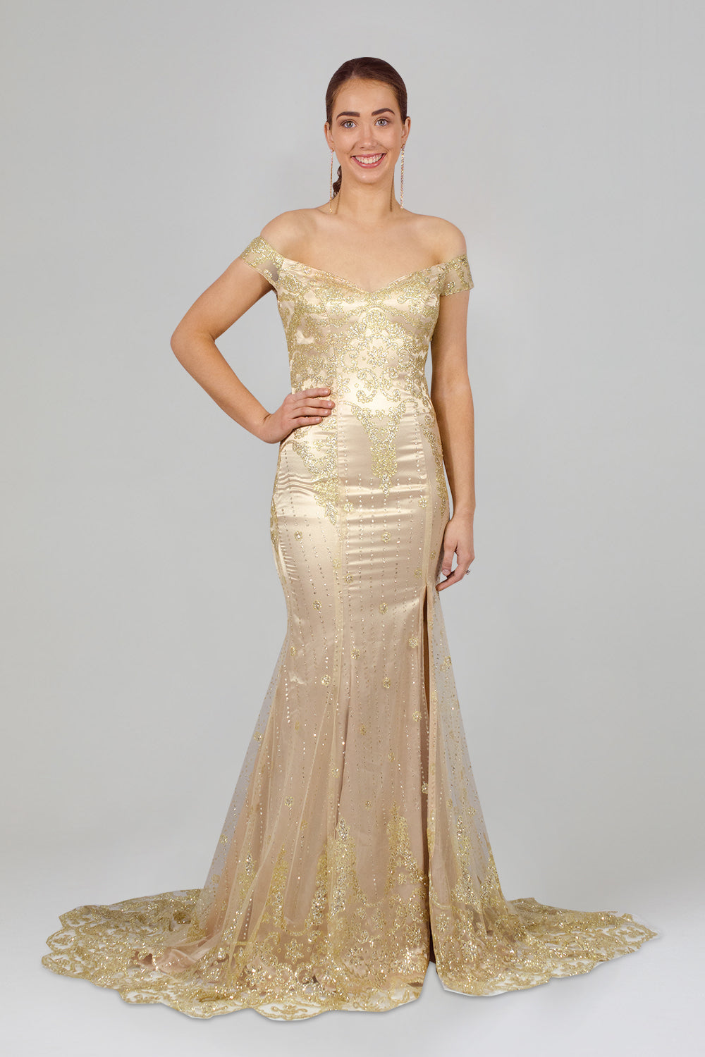 AURORA Off The Shoulder Shimmer Gold Wedding Dress – Envious