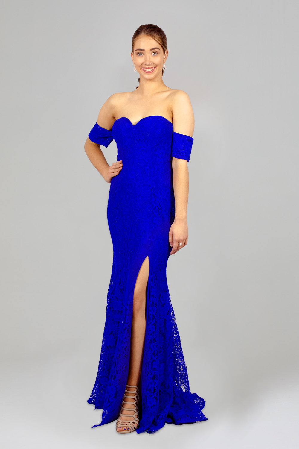ELIXIS Off Shoulder Sleeve Cobalt Lace Formal Dress – Envious