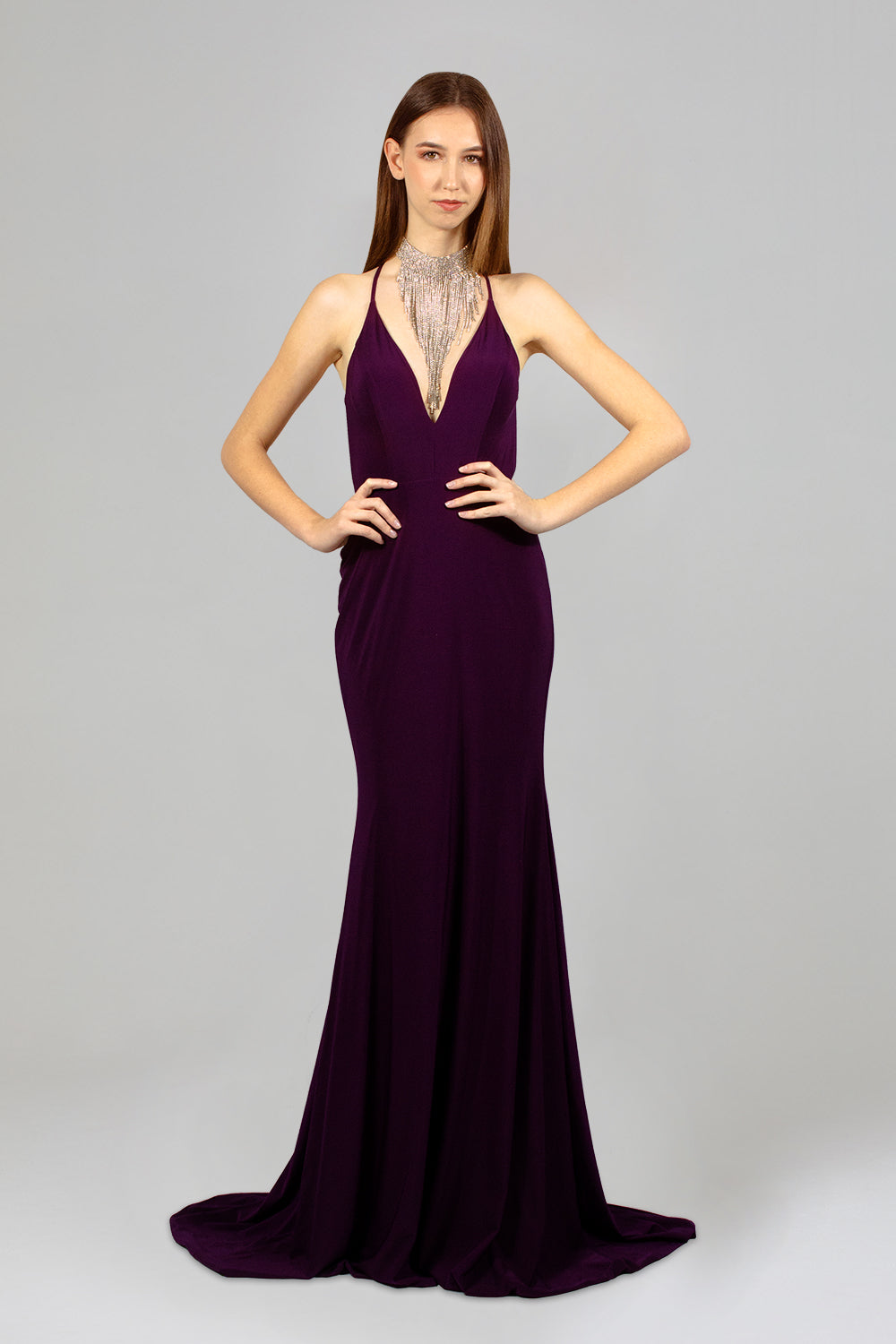 DENISA Slinky Dark Purple Backless Formal Dress – Envious Bridal