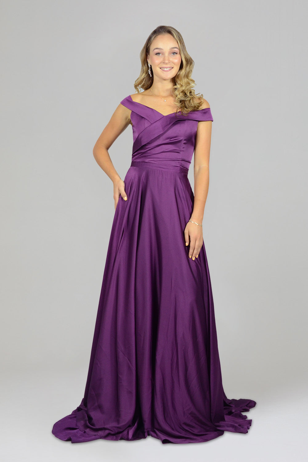 EDINA | Off Shoulder Silk Purple A Line Bridesmaid Dress Envious Bridal & Formal EDINA | Off Shoulder Silk Purple A Line Bridesmaid Dress Envious Bridal & Formal