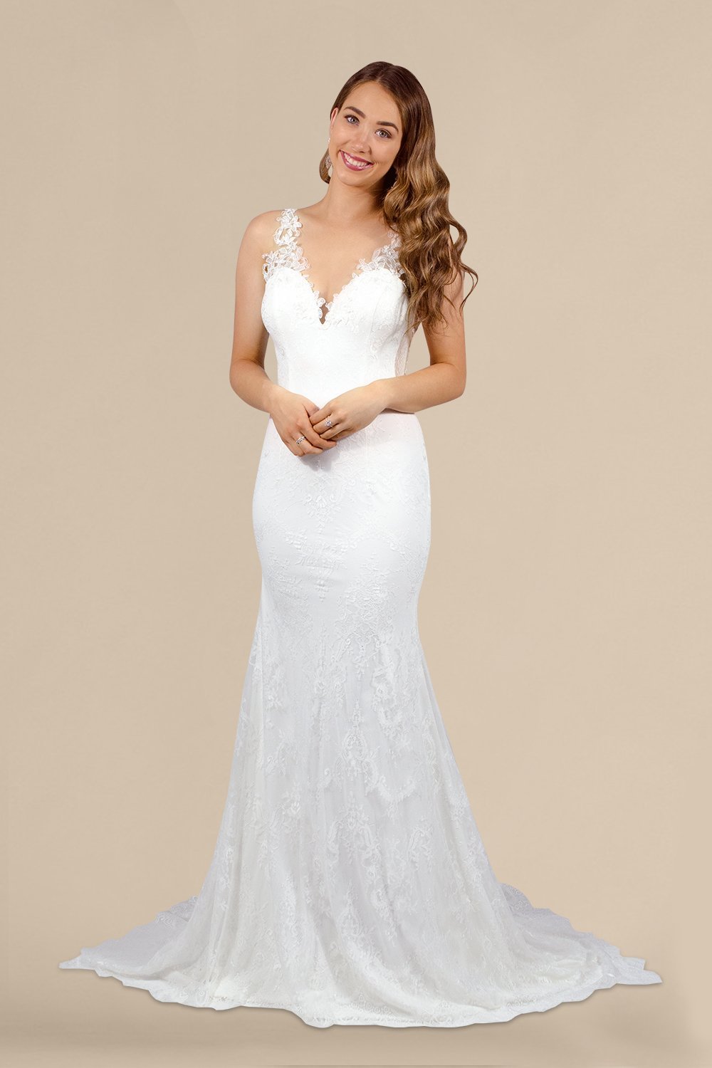 DELIZA Chantilly Lace Illusion Back Wedding Dress Envious