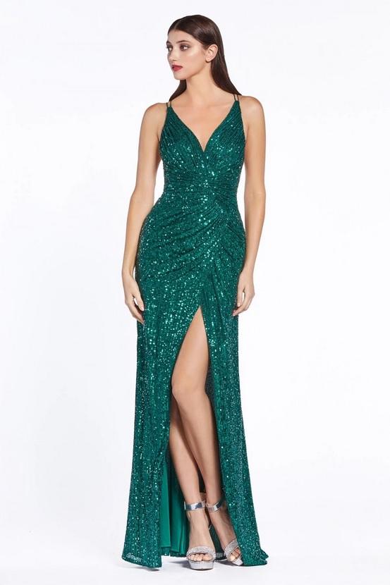 ELAYA | Emerald Green Cross Back Sequin Evening Gown - All Products Envious Bridal