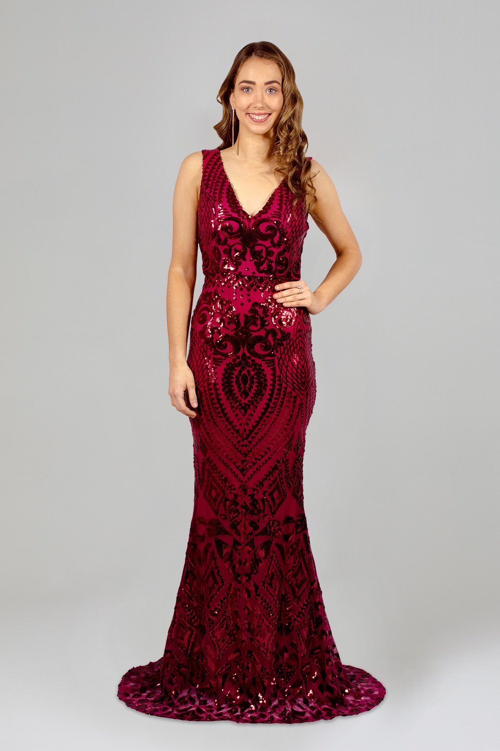 EZRA Patterned Red Sequin Formal Dress