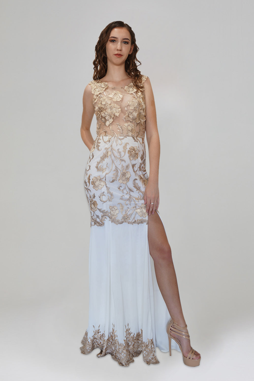 FANTASIA Gold Embroidered Lace Illusion Bodice Formal Dress