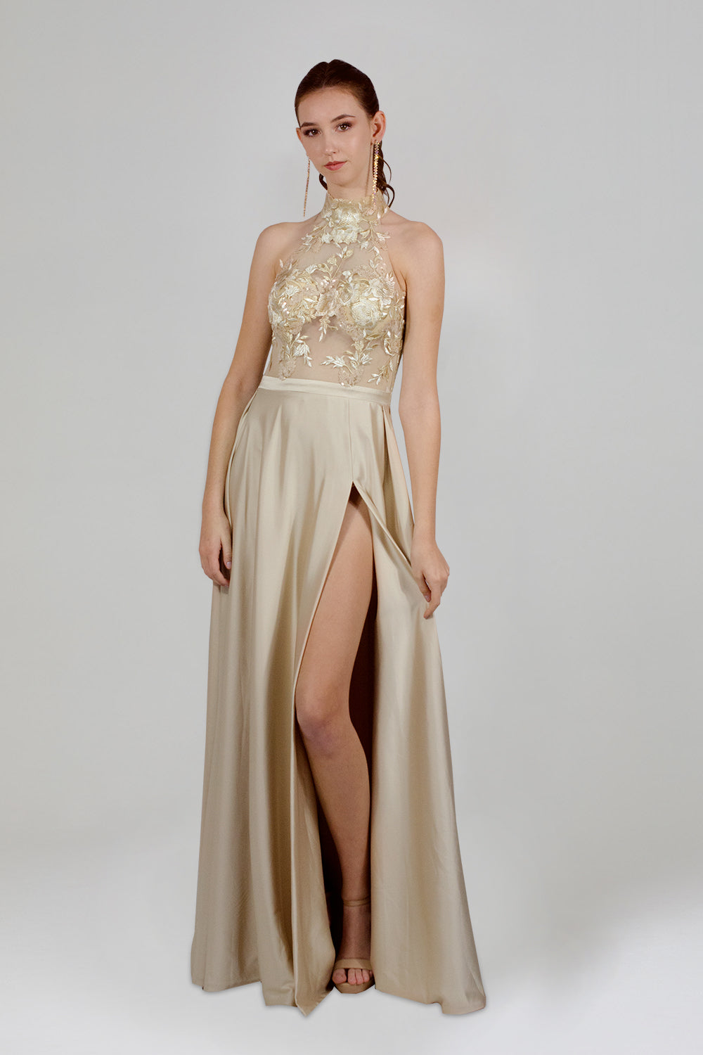 ABELLA | High Neck Illusion Silk Crepe Champagne Formal Dress Envious Bridal & Formal ABELLA | High Neck Illusion Silk Crepe Champagne Formal Dress Envious Bridal & Formal