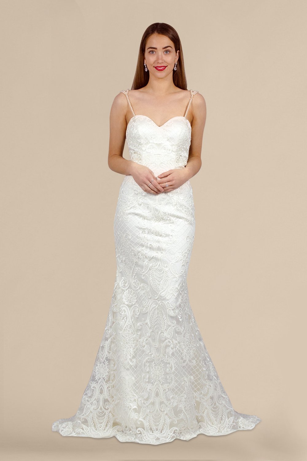 Draped Pearl Beading and Lace Mermaid Gown 