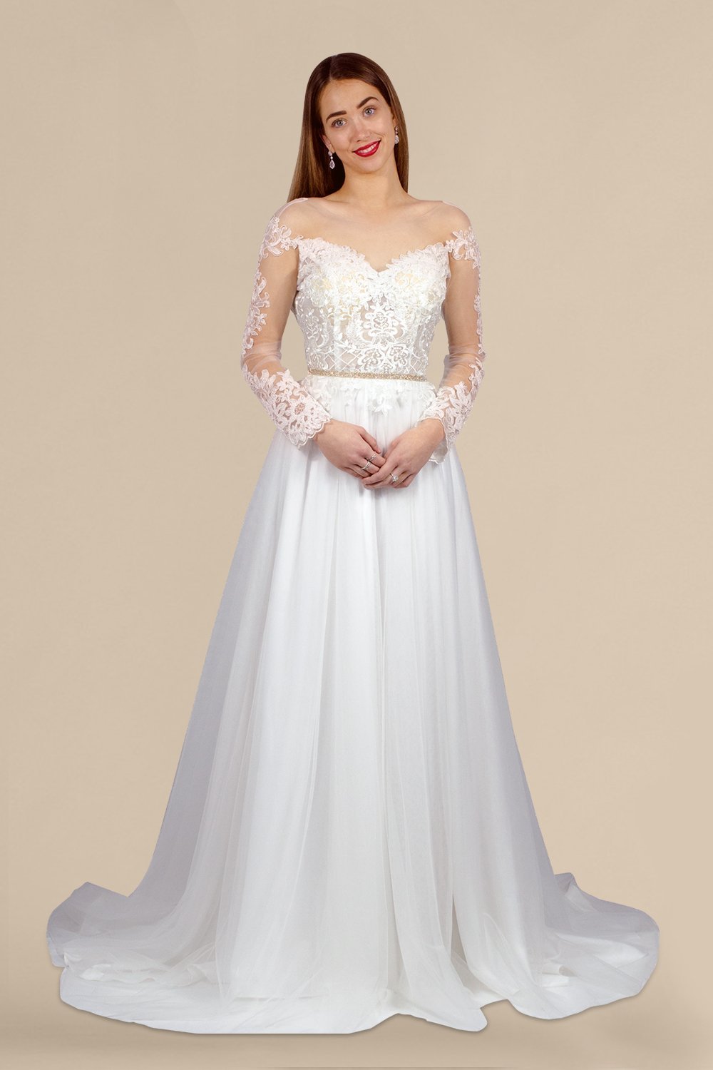 A-Line Plus Size Garden Wedding Dress withIllusion Long Sleeve