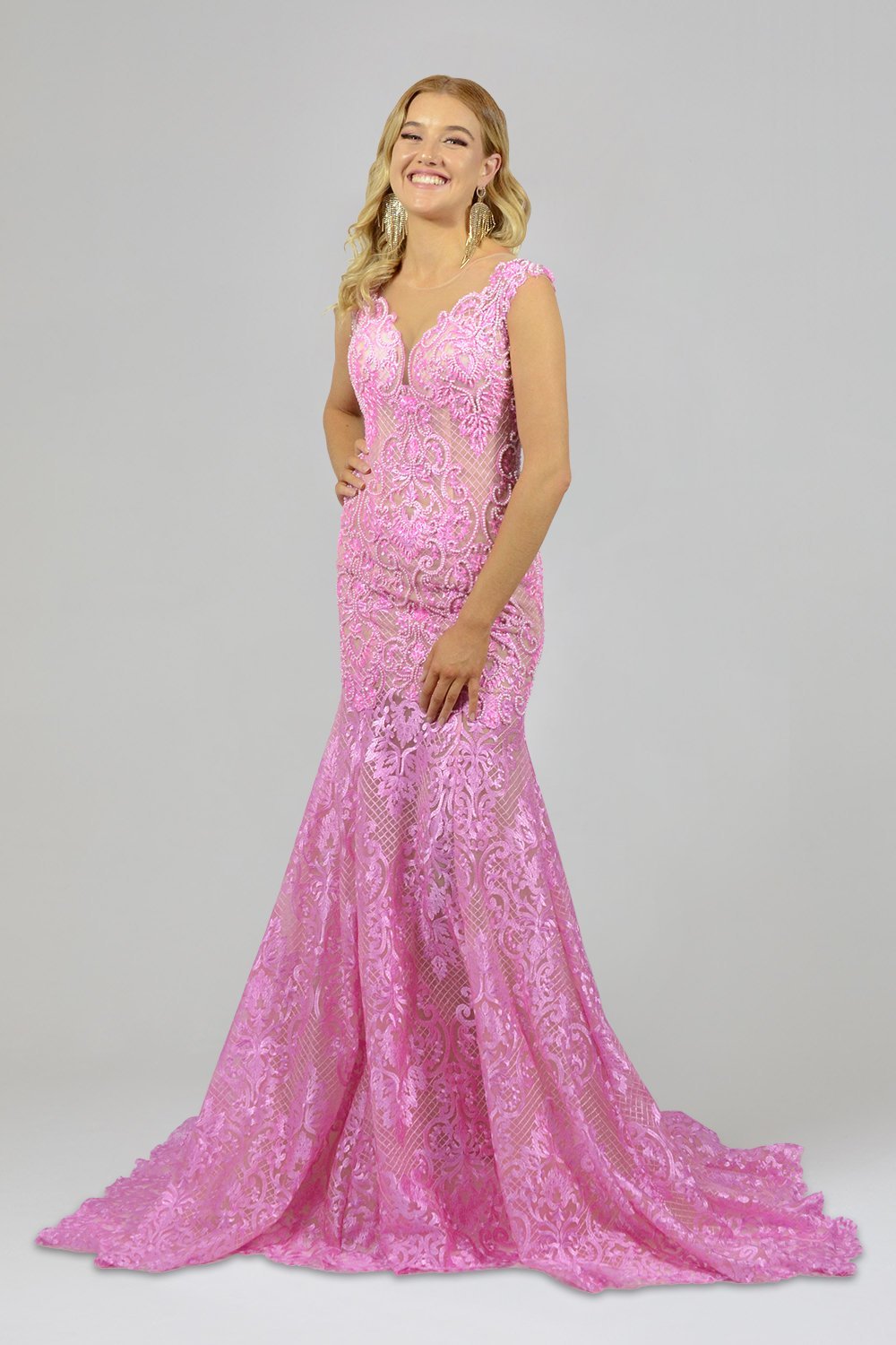 MYRA | Pink Lace Mermaid Formal Wedding Gown Envious Bridal & Formal MYRA | Pink Lace Mermaid Formal Wedding Gown Envious Bridal & Formal