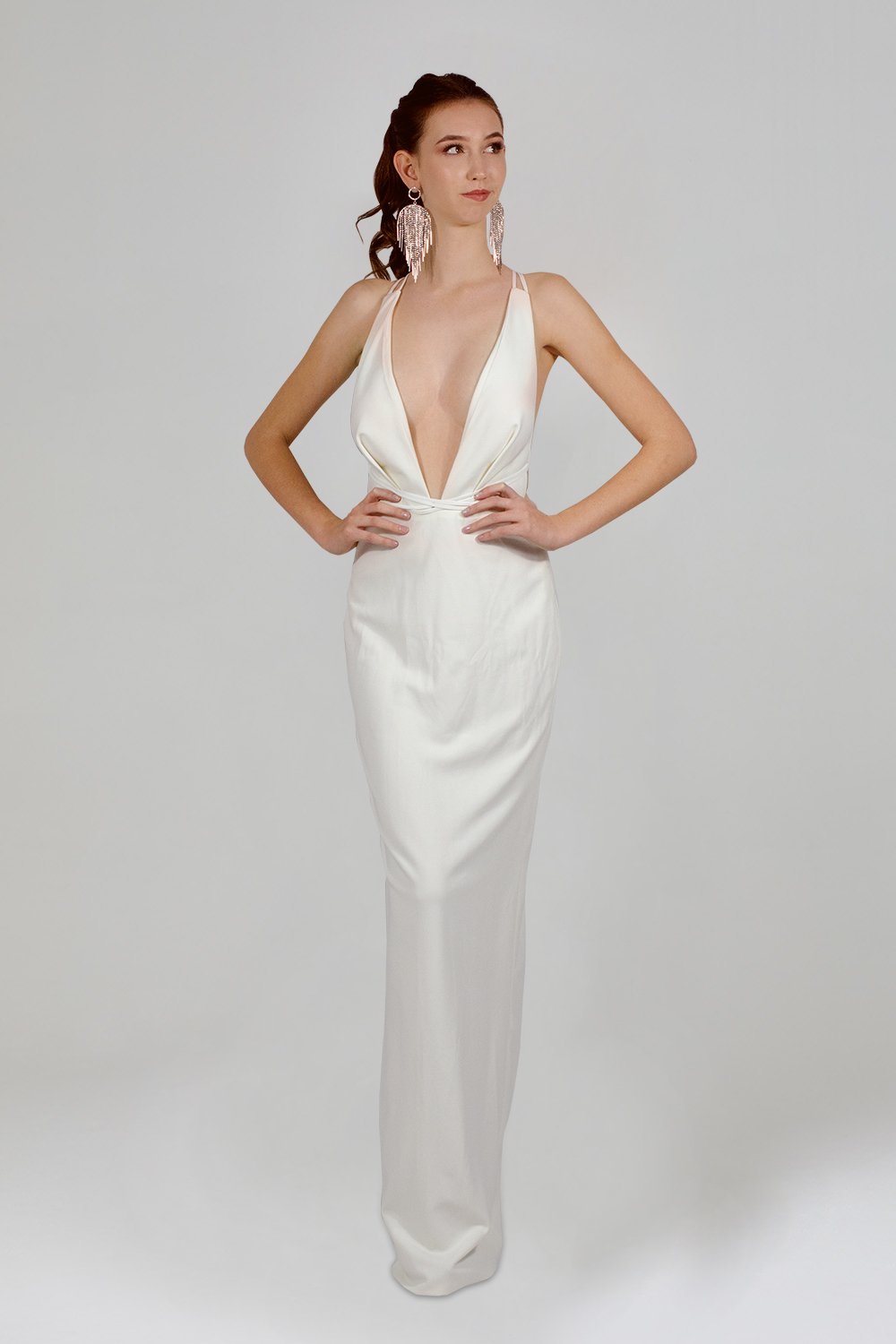 NICOLA  Plunge Neckline Fitted White Formal Dress – Envious Bridal & Formal