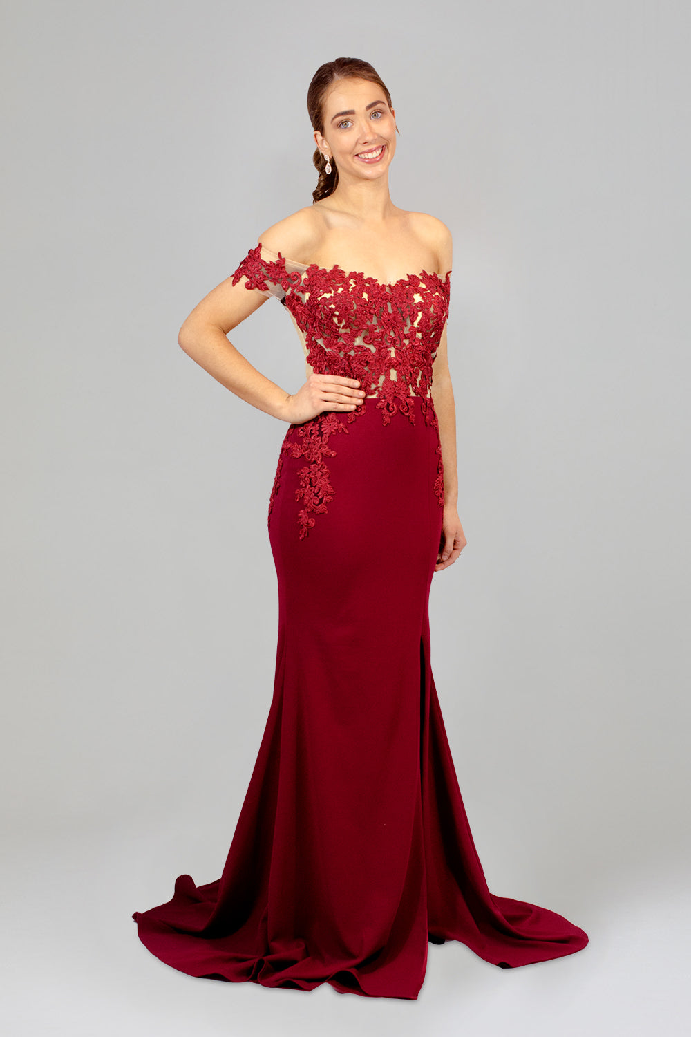 MYSTIQUE Off Shoulder Lace Bodice Burgundy Formal Gown Envious