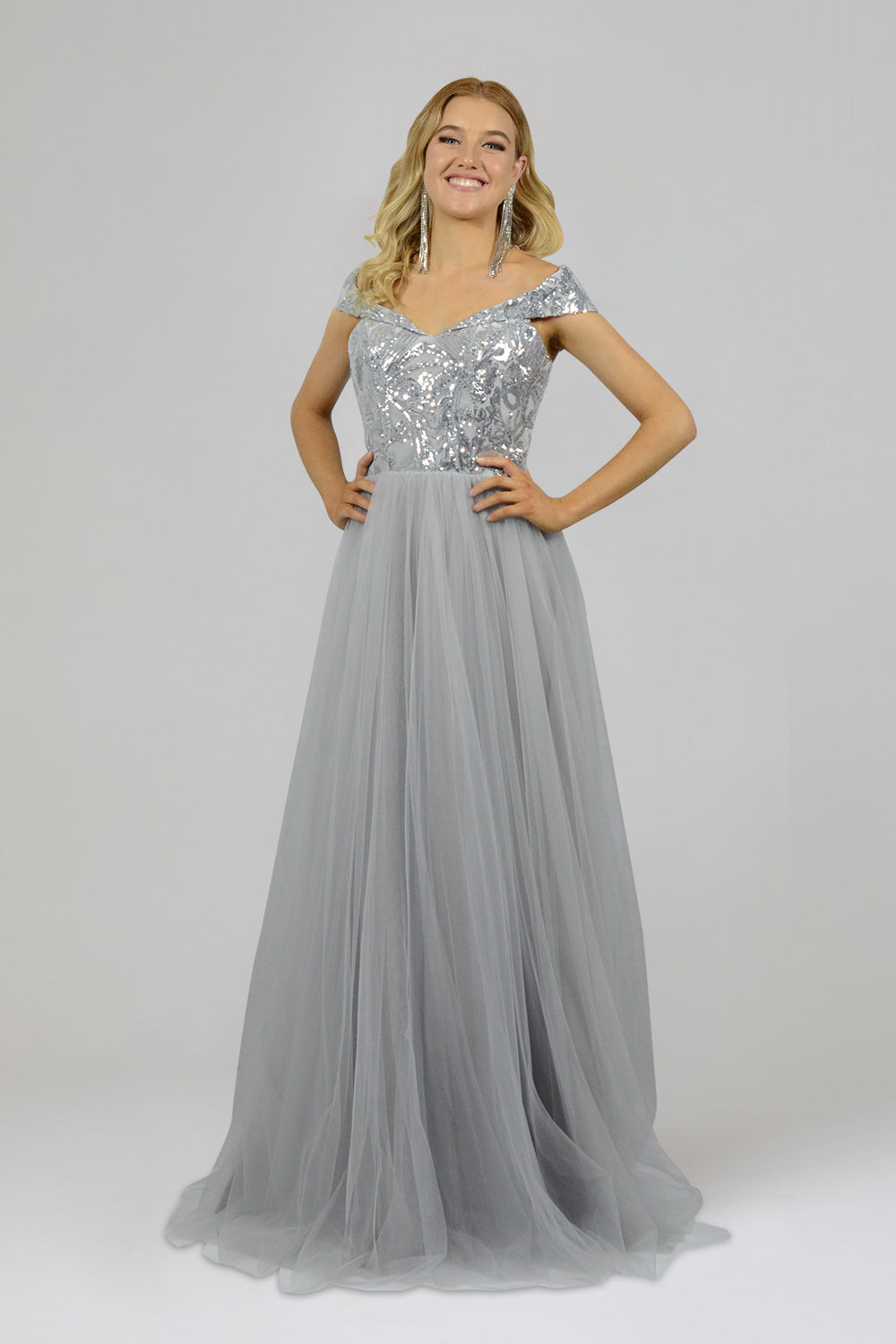 ILYSSA Off Shoulder Sequin Tulle Grey Formal Dress