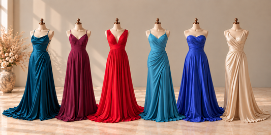 Bridesmaid dresses in different styles and bright colours displayed on mannequins