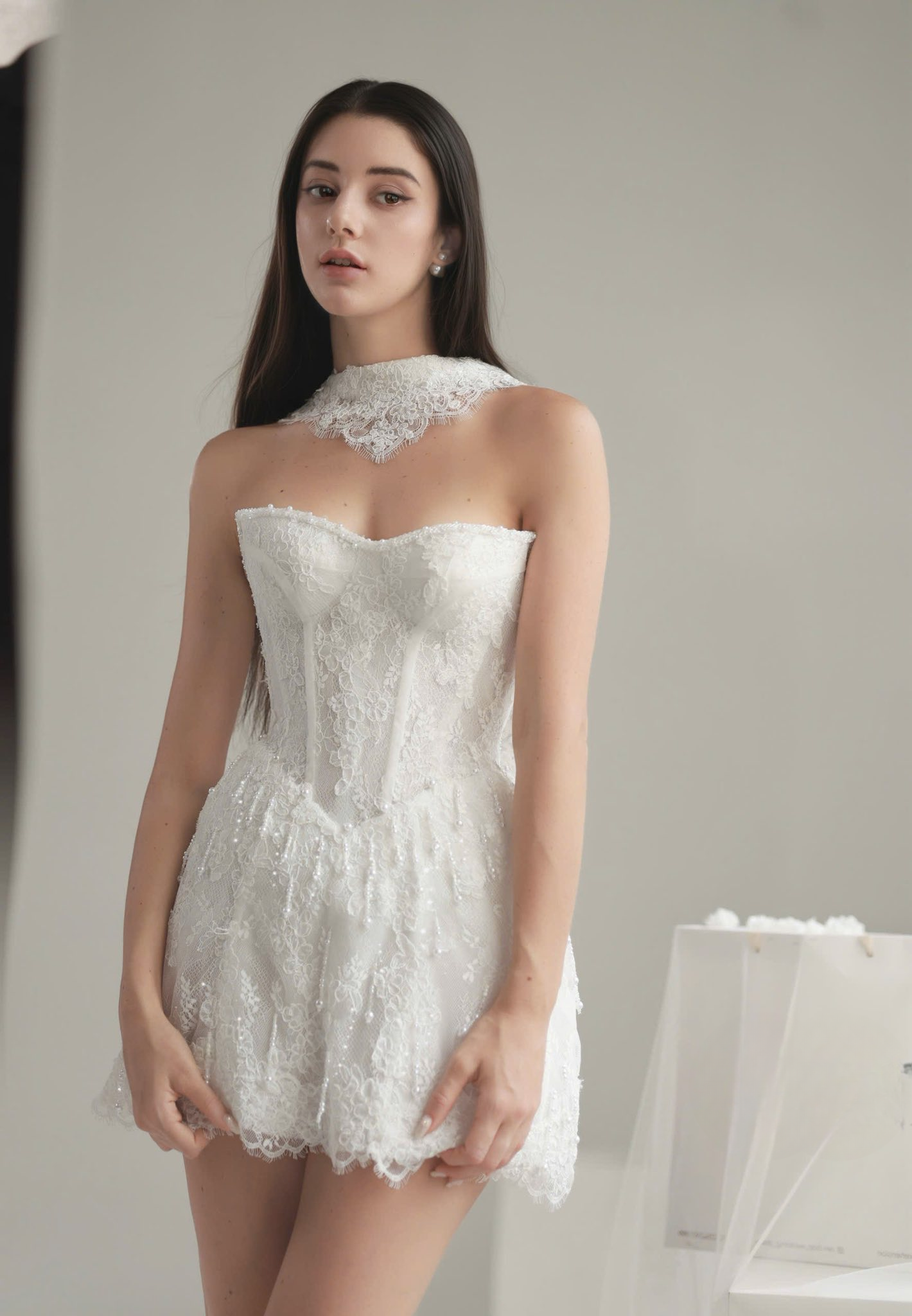 APRIL | Strapless Beaded Lace Mini Wedding Dress