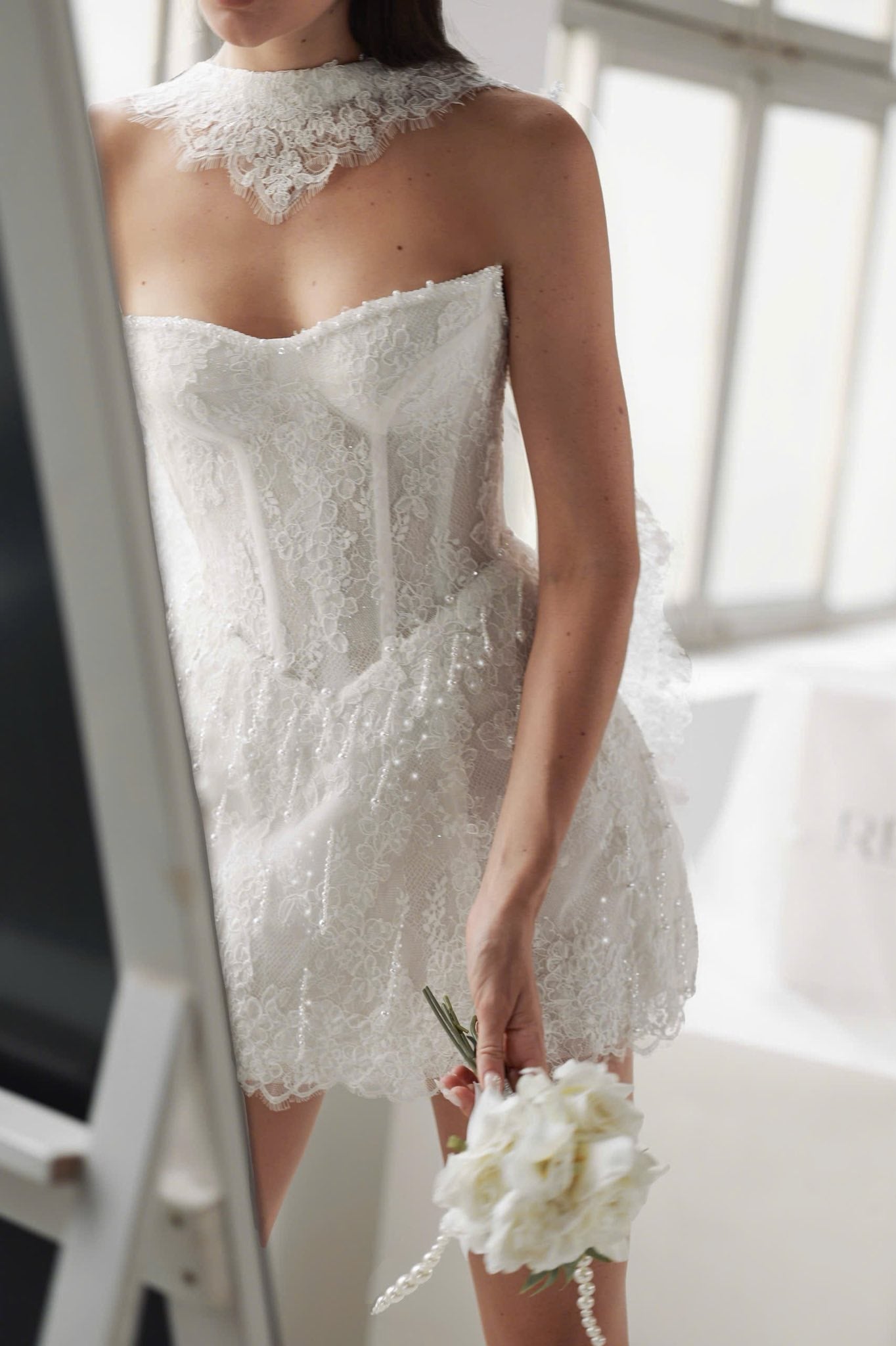 APRIL | Strapless Beaded Lace Mini Wedding Dress