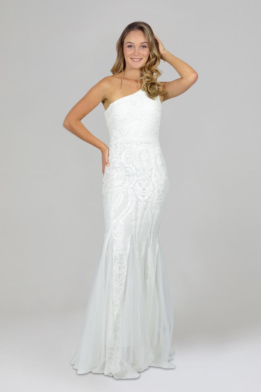 one shoulder white sequin formal dress custom made Perth Envious Bridal & Formal