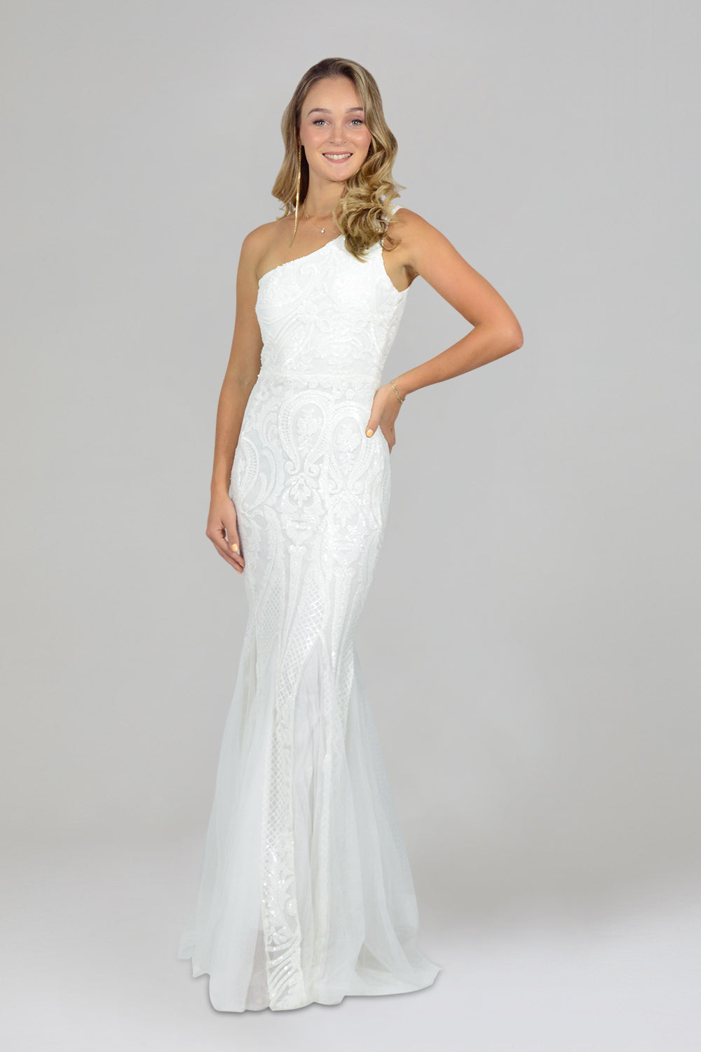 One shoulder style formal dresses white Envious Bridal & Formal Perth Australia