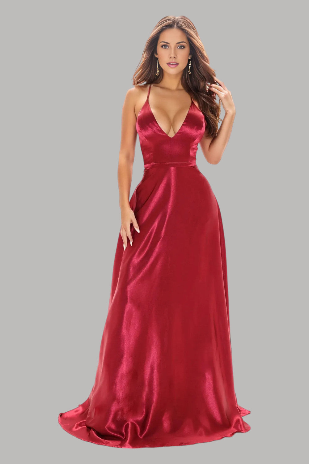 Burgundy satin A line formal gown Envious Bridal & Formal