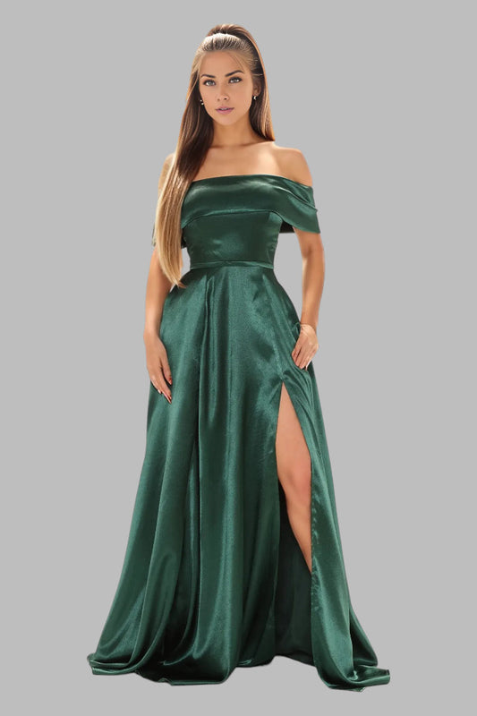 Off shoulder satin A line green ball dresses Perth Australia Envious Bridal & Formal