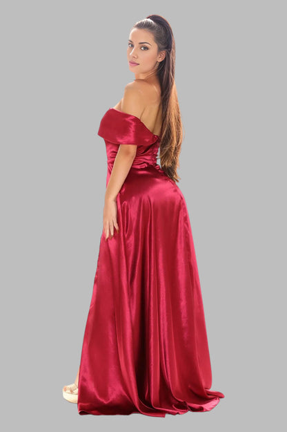 Off shoulder satin A line red formal gowns Perth Australia Envious Bridal & Formal