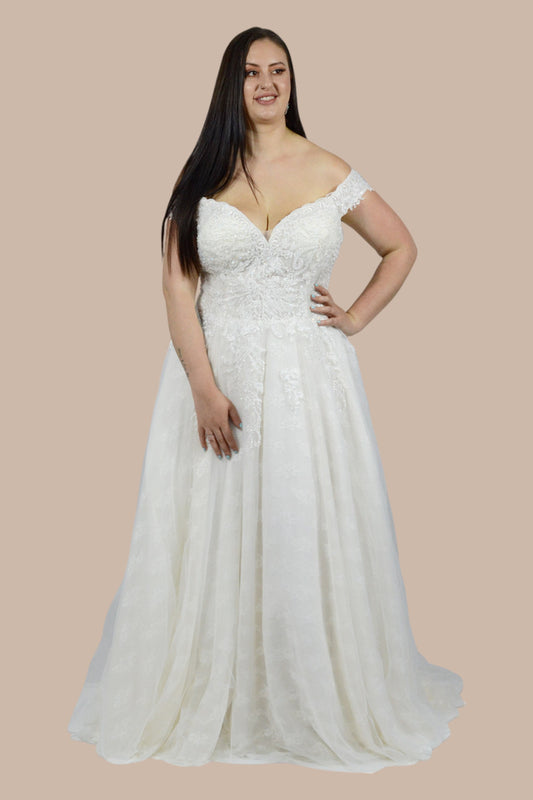 off the shoulder lace plus size wedding dresses Perth Australia Envious Bridal & Formal