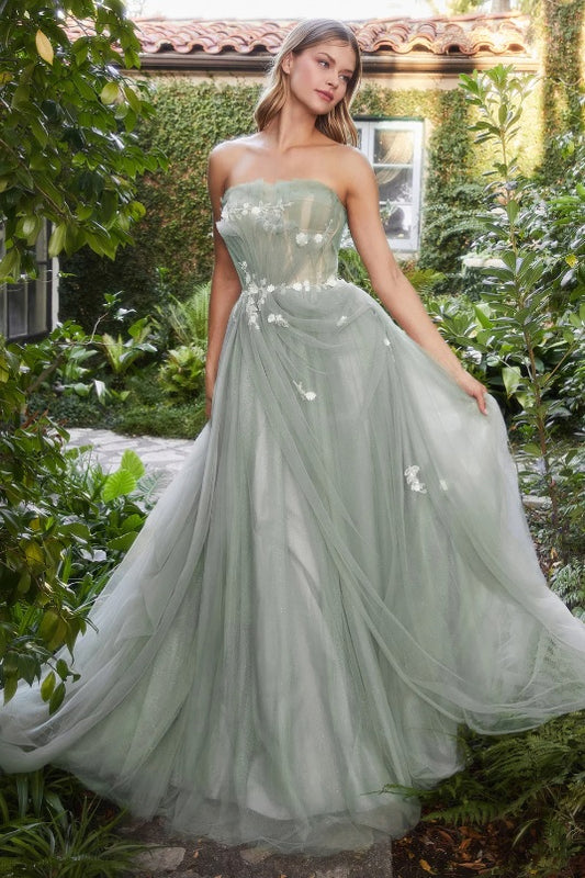 ALESSA | Tulle Floral Applique Sage Colour Wedding Gown