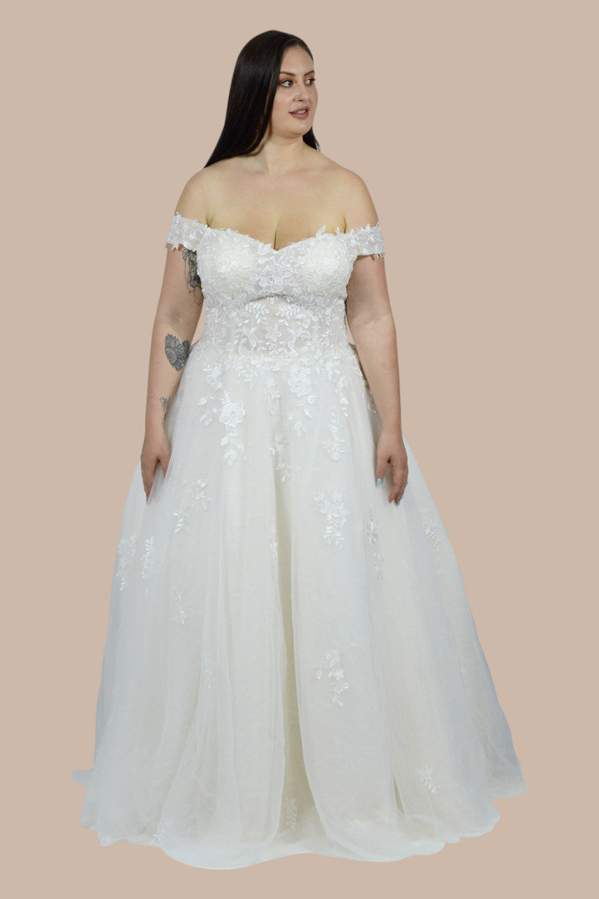 Plus size wedding dresses off the shoulder Perth Australia Envious Bridal & Formal