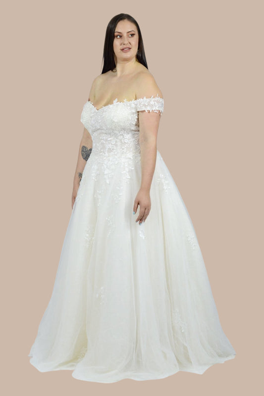 off the shoulder lace and tulle plus size wedding dresses Perth Australia Envious bridal & Formal