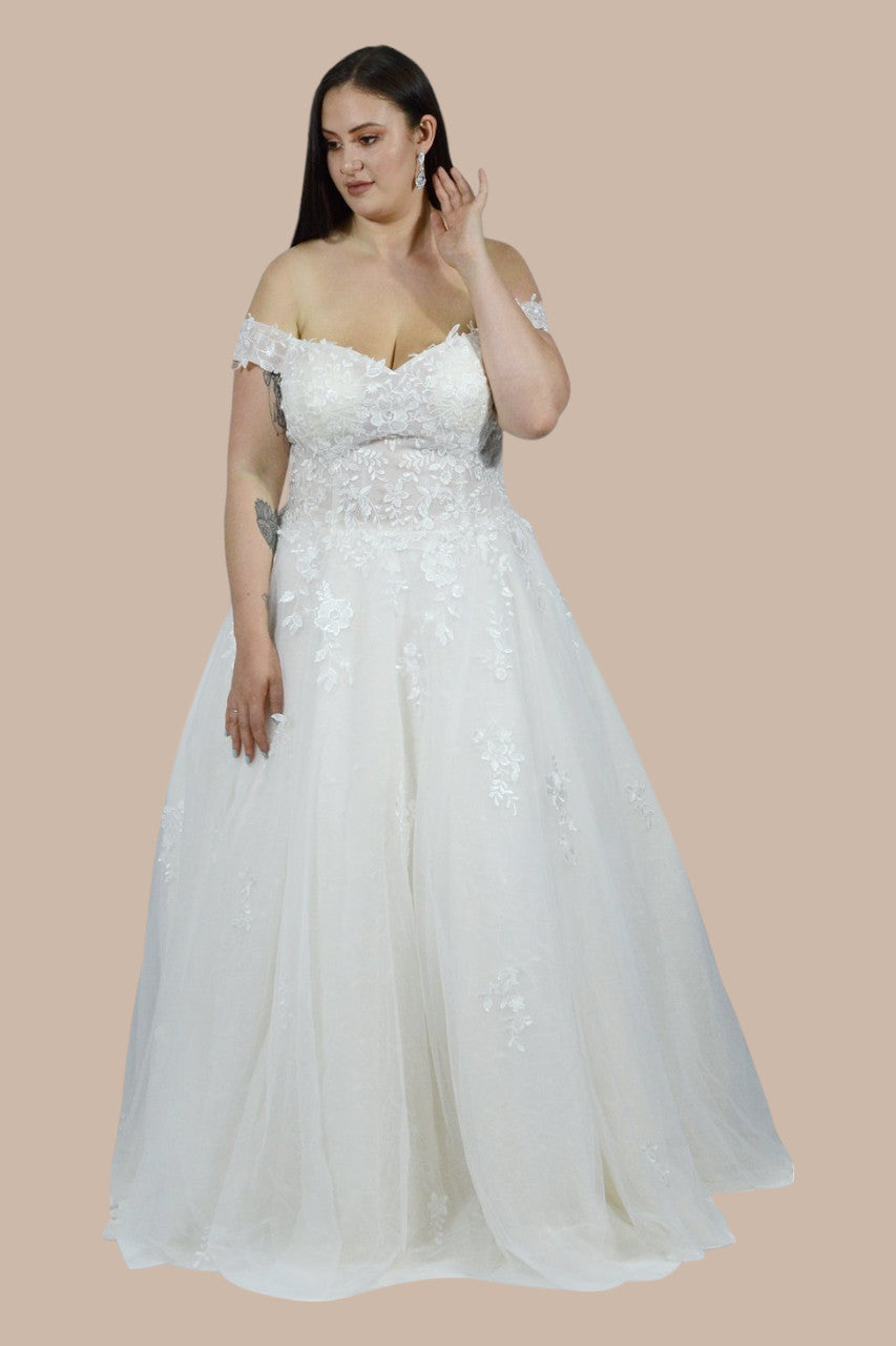 Off the shoulder plus size wedding gowns Perth Australia Envious Bridal & Formal