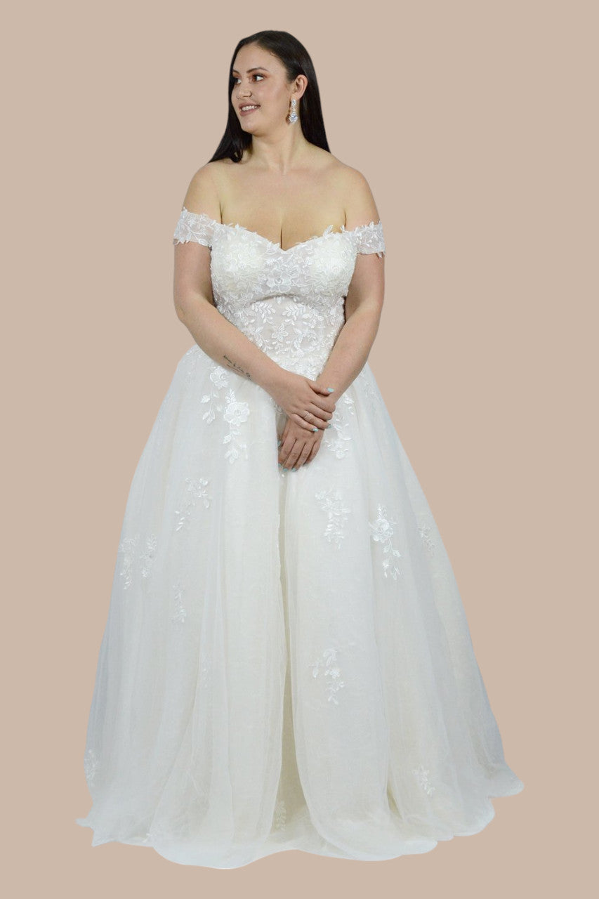 Custom made plus size wedding dresses off the shoulder Perth Australia Envious Bridal & Formal