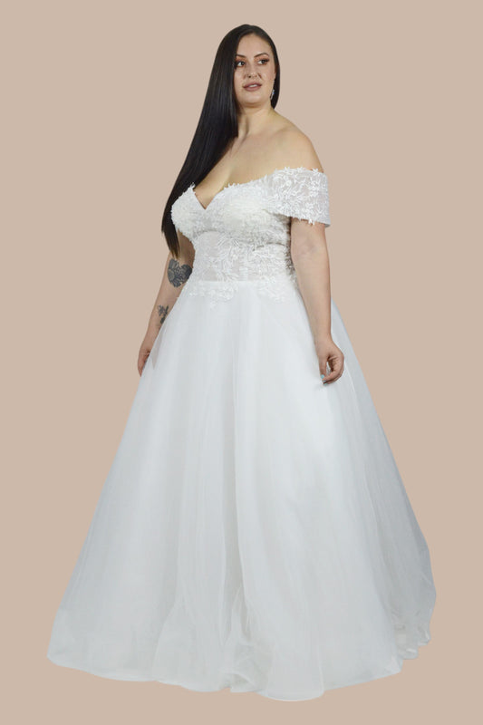 custom made plus size wedding gowns off shoulder A line gowns Envious Bridal & Formal