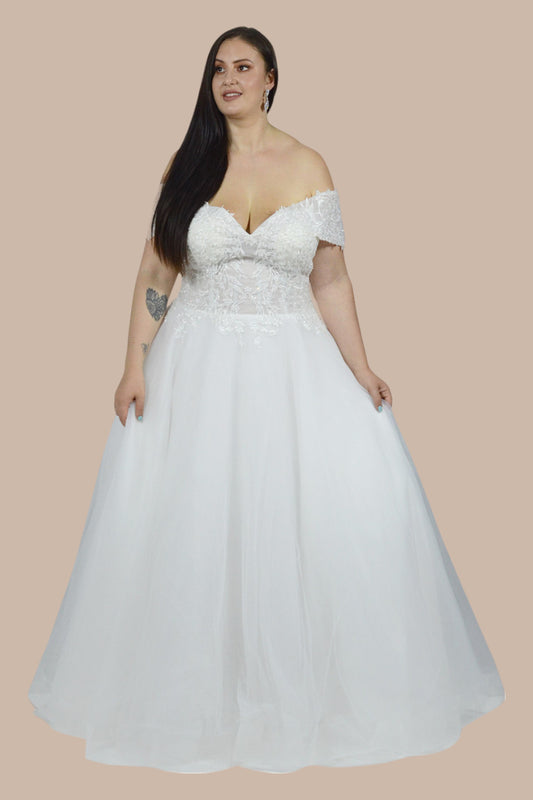 off teh shoulder plus size wedding gowns custom made Perth Australia Envious Bridal & Formal