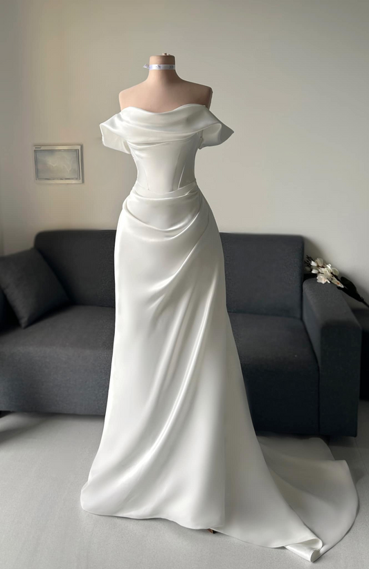 bespoke duchess satin off the shoulder wedding dresses Perth Australia Envious Bridal & Formal