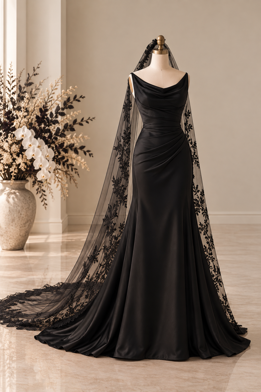 cowl neckline silk satin minimalist black wedding dress