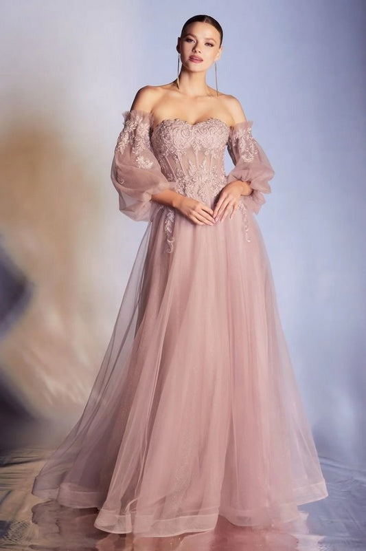 ARLOWIE | Long Sleeve Off Shoulder Blush Wedding Dress