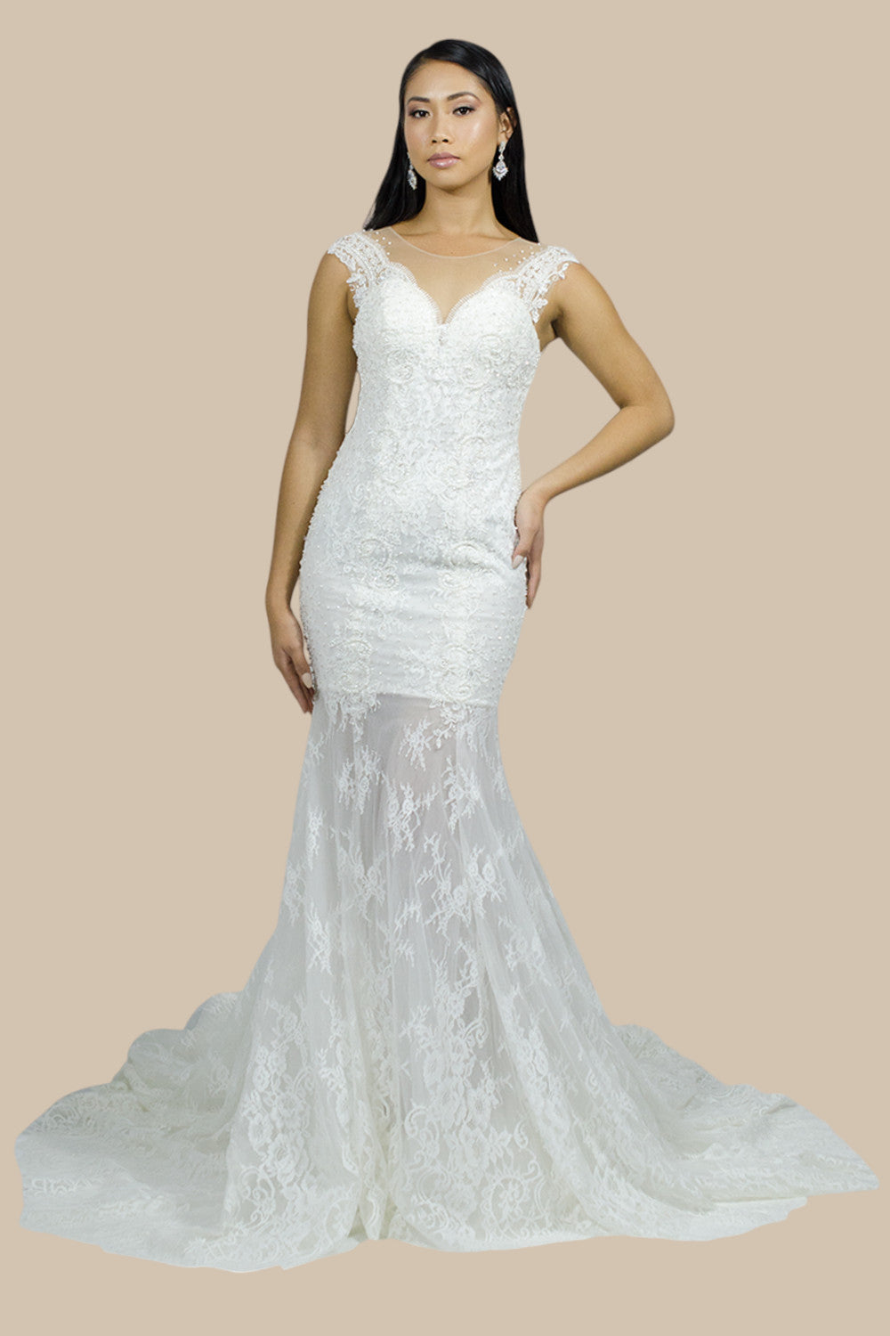 Custom made Chantilly lace fitted mermaid wedding dresses Perth Australia Envious Bridal & Formal