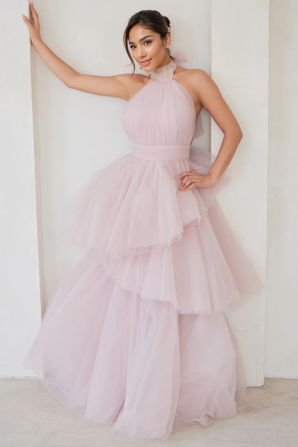 custom made halter blush pink tulle formal dresses Perth Australia Envious Bridal & Formal