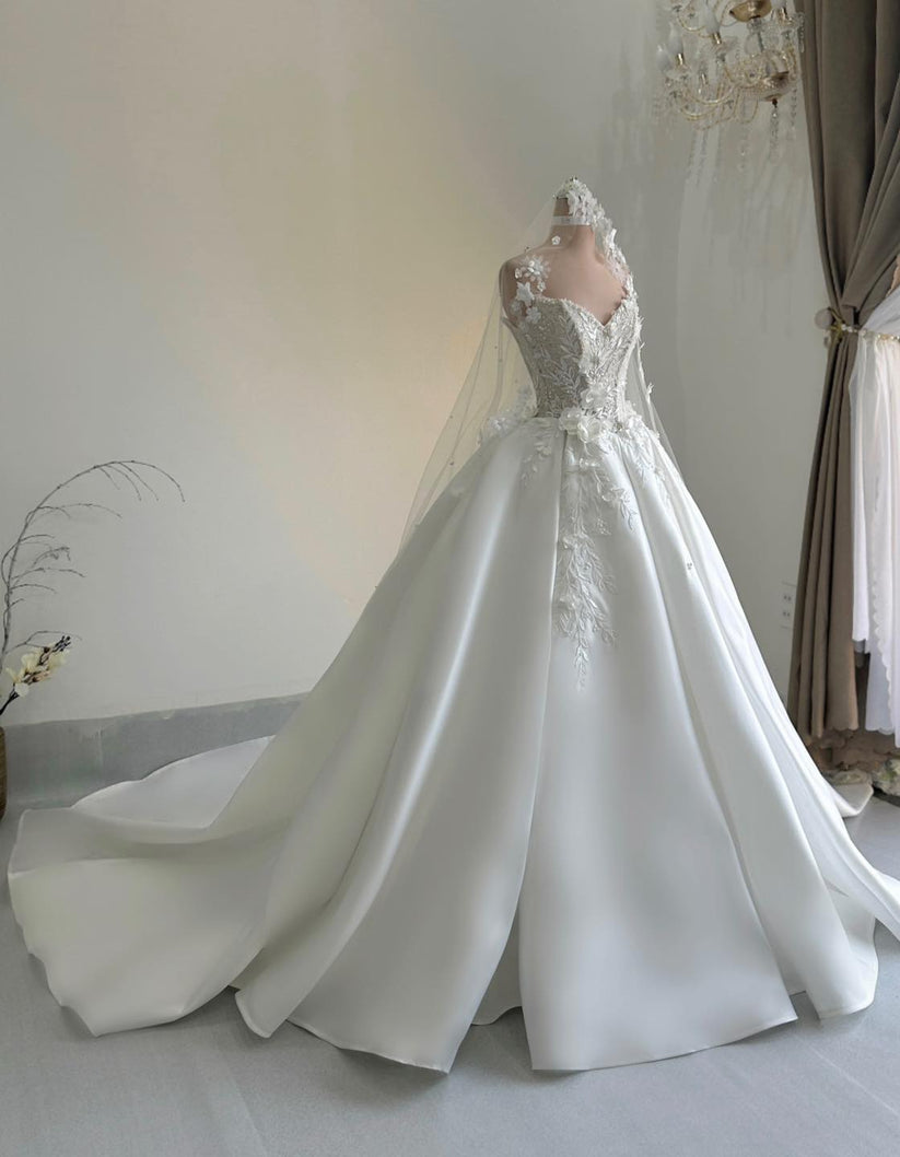 Classy Ball Gown Strapless Satin Lace With Veil Long Wedding Dresses main image 0
