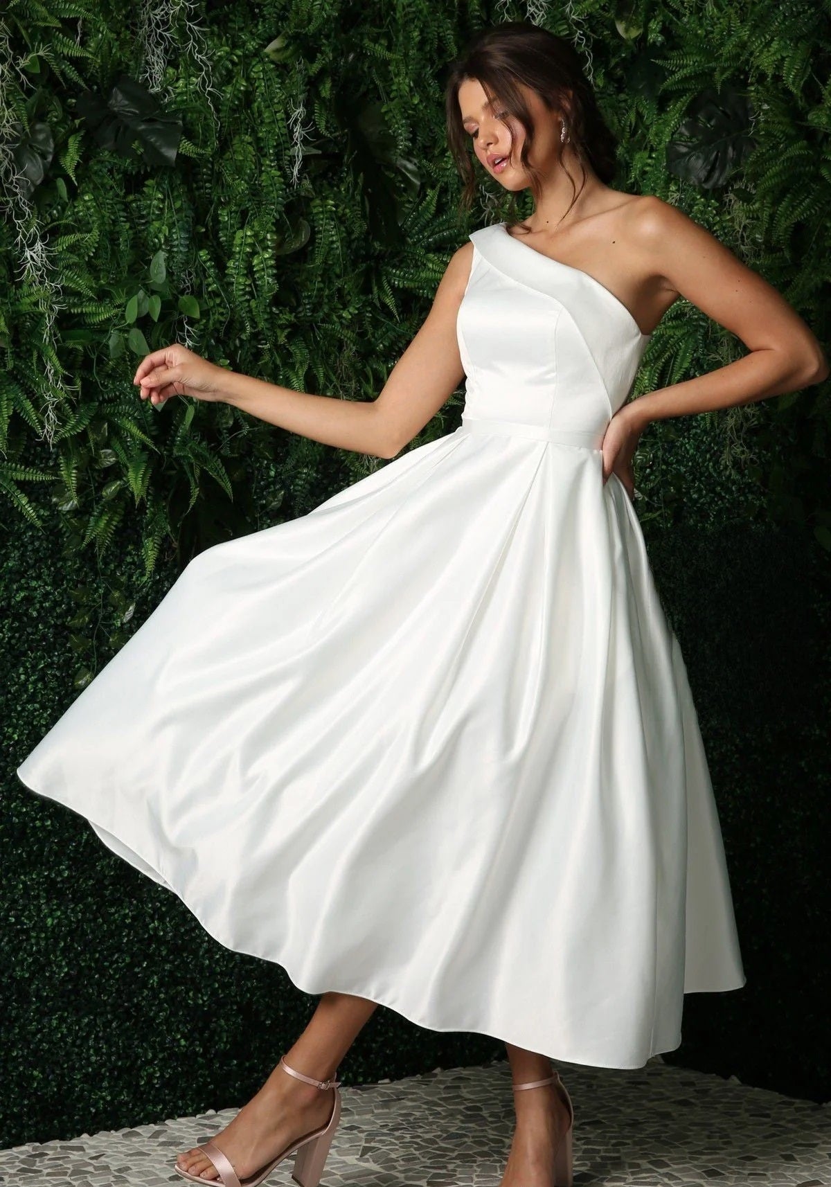 custom made one shoulder duchess satin midi wedding dress Australia